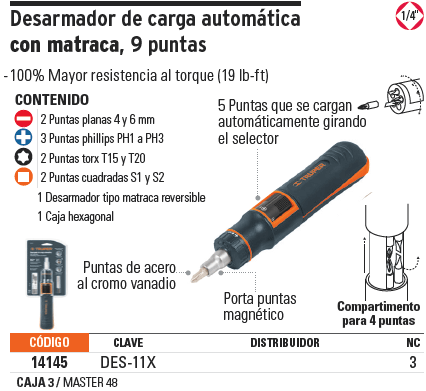 DESARMADOR DE CARGA AUTOMÁTICA CON MATRACA, 9 PUNTAS